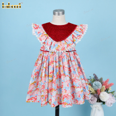 Honeycomb Smocked Dress Red Velvet Lace Flower Neck For Girl - DR3704