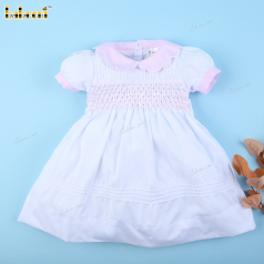 Honeycomb Smocked Dress In White And Pink Accent For Girl - DR3706