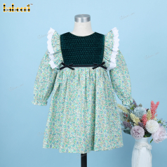 Honeycomb Smocked Dress Green Velvet Accent For Girl - DR3707