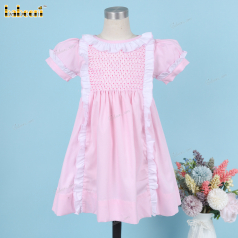 Honeycomb Smocked Dress Light Pink And Lace Line Accent For Girl - DR3711
