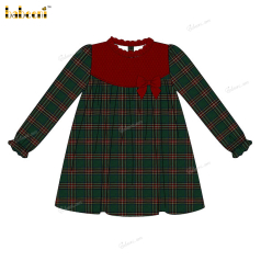 Honeycomb Smocked Dress Long Sleece Green Red Accent For Girl - DR3723