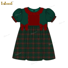 Honeycomb Smocked Dress Red Accent Green Velvet For Girl - DR3732