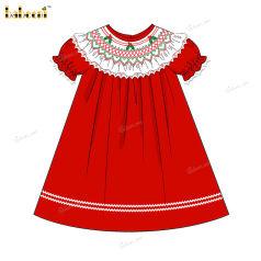 Honeycomb Smocked Dress In Velvet Red Green Accents For Girl - DR3735