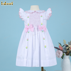 Girl Honeycomb Smocked Dress In White And Flower - DR3788