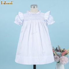 Honeycomb Smocking Dress In White Blue Dots For Girl - DR3564
