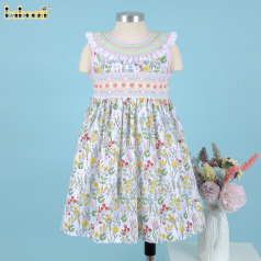 Girl Geometric Floral Hand Smocked Dress -  DR3785
