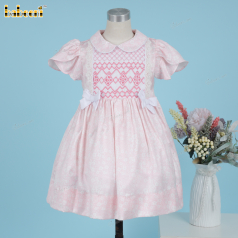 Gorgeous pink little girl satin laces floral smocked dress - DR3898